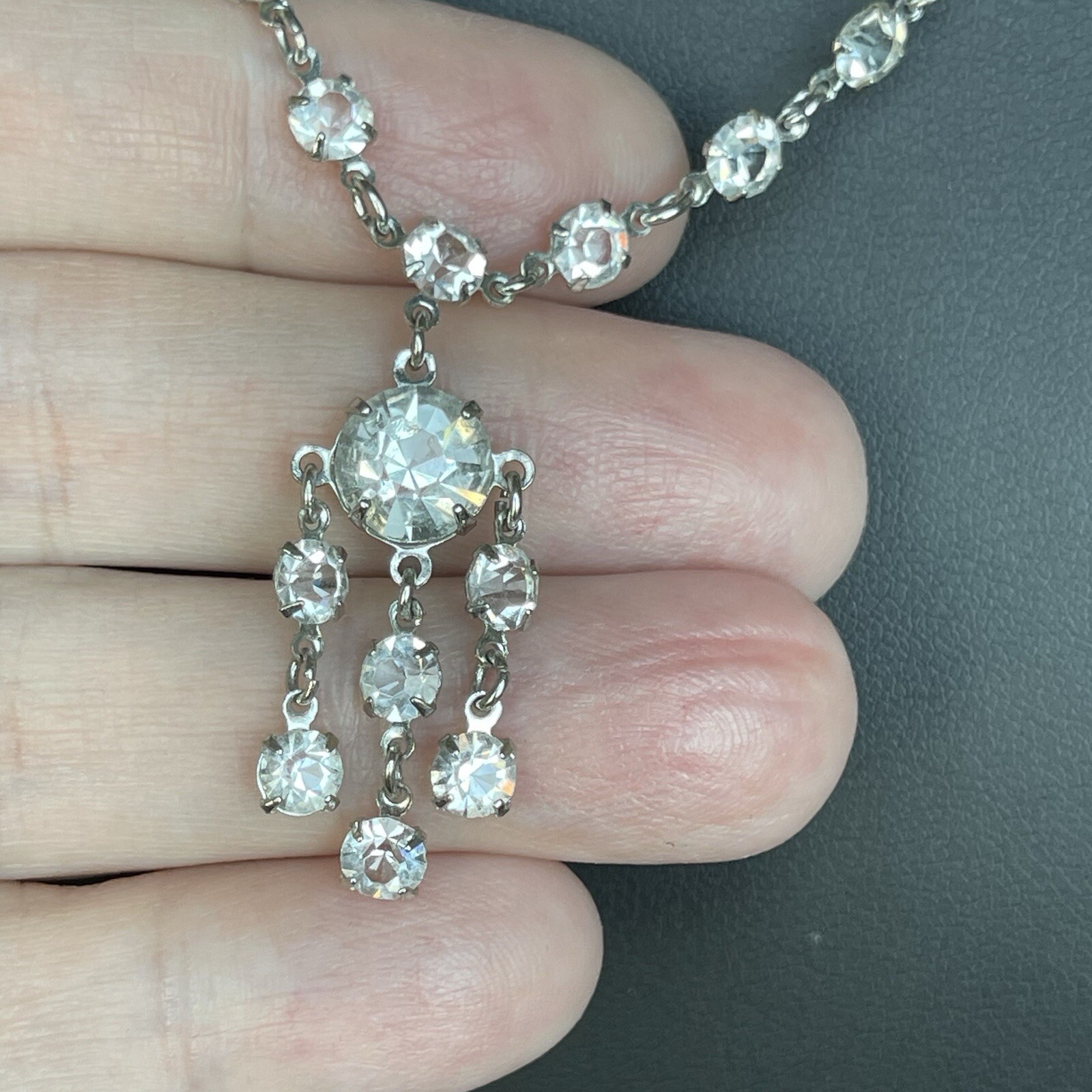 Vintage Round Open Back Glass Crystal Necklace Bezel Set Drop Dangles 15” Length