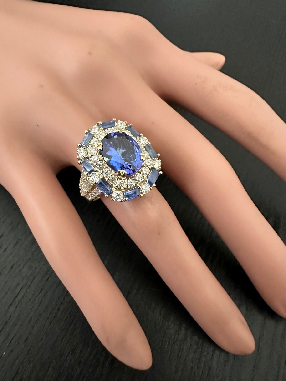 6.80 Carat Natural Blue Tanzanite and Diamonds in 14K Solid Yellow Gold Ring