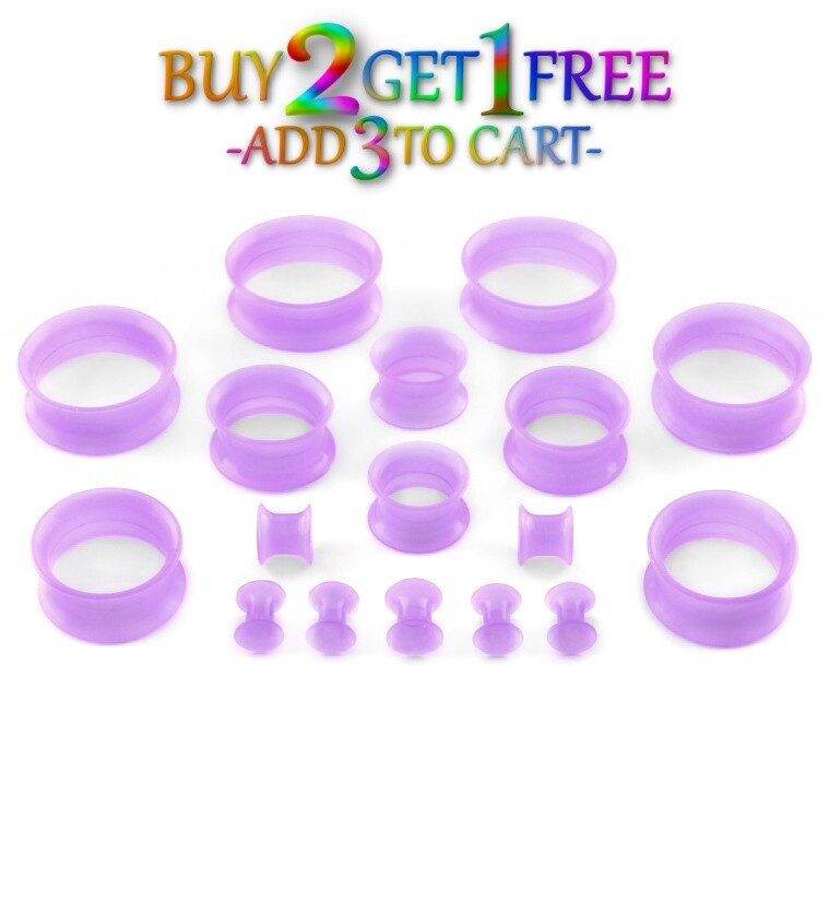 Pair 8g-40mm PURPLE SILICONE EARSKIN TUNNELS Double Flare Gauges Thin Flesh 1026