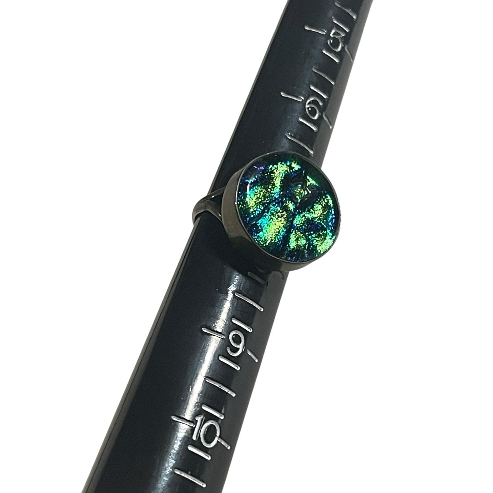 Dichroic Art Glass Ring Sterling Silver 925 Vtg Green Blue Ladies Sz 7.5 Sparkle