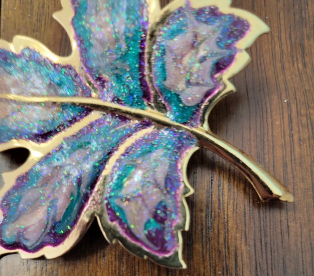 Large Gold Tone Swirl Enamel Blue Green Gold Leaf 3″ Pin Brooch