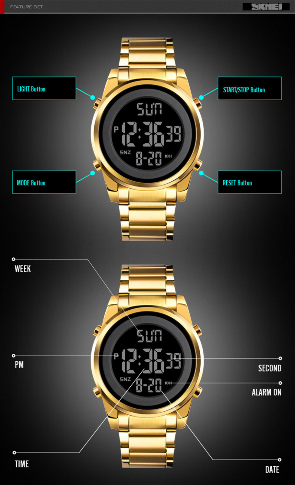 SKMEI Digital Men Watches Steel LED Wristwatch Male Electronic Alarm Watch Gifts