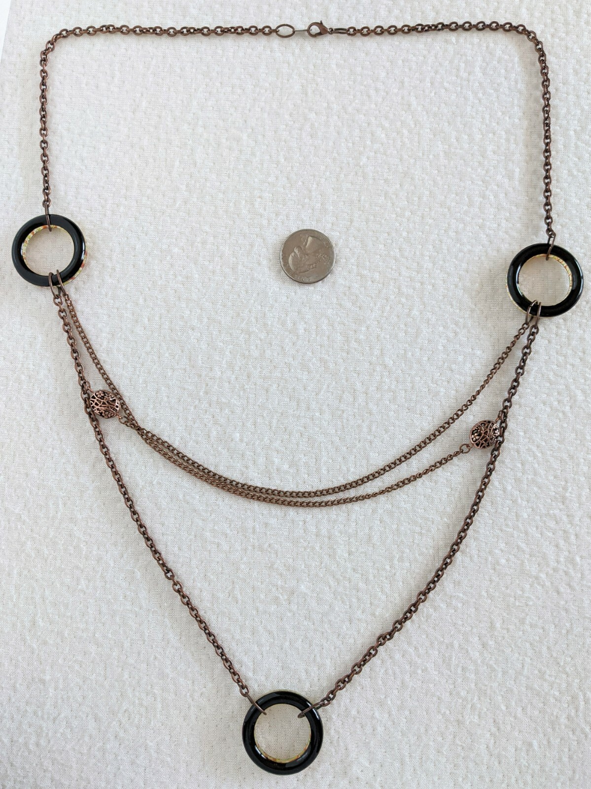 Copper Tone Multi Chain & Colorful Striped Art Glass Circle Beaded 29″ Necklace