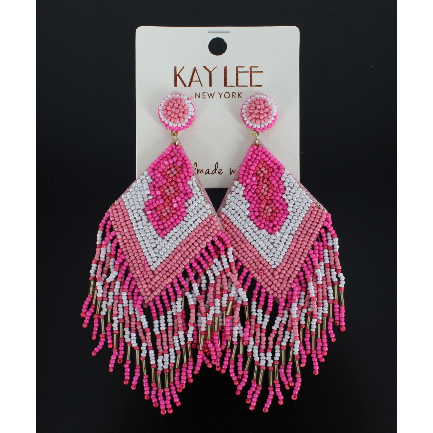 Kay Lee Boho Seed Bead Beaded Pink White Statement Earrings #OSE9056FU
