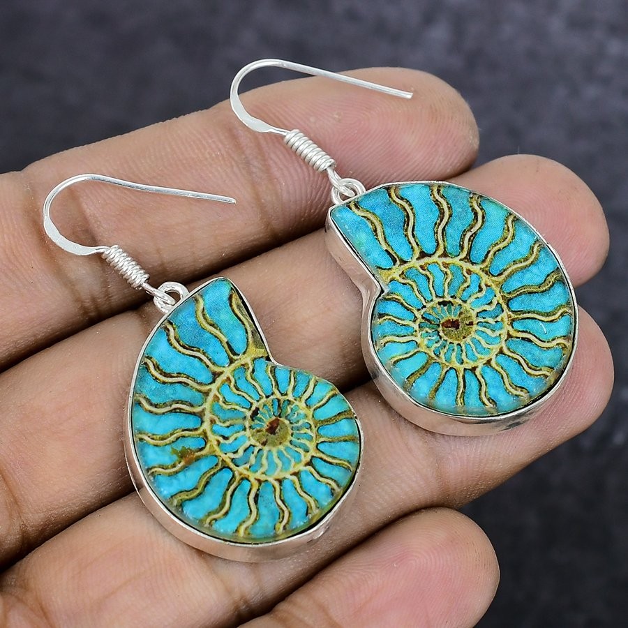 Ammonite Fossil Gemstone Handmade 925 Sterling Silver Jewelry Earring 1.85″ L913