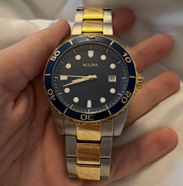 Bulova Men’s Diver Watch Blue Dial Two-Tone Bracelet Date Unidirectional Bezel