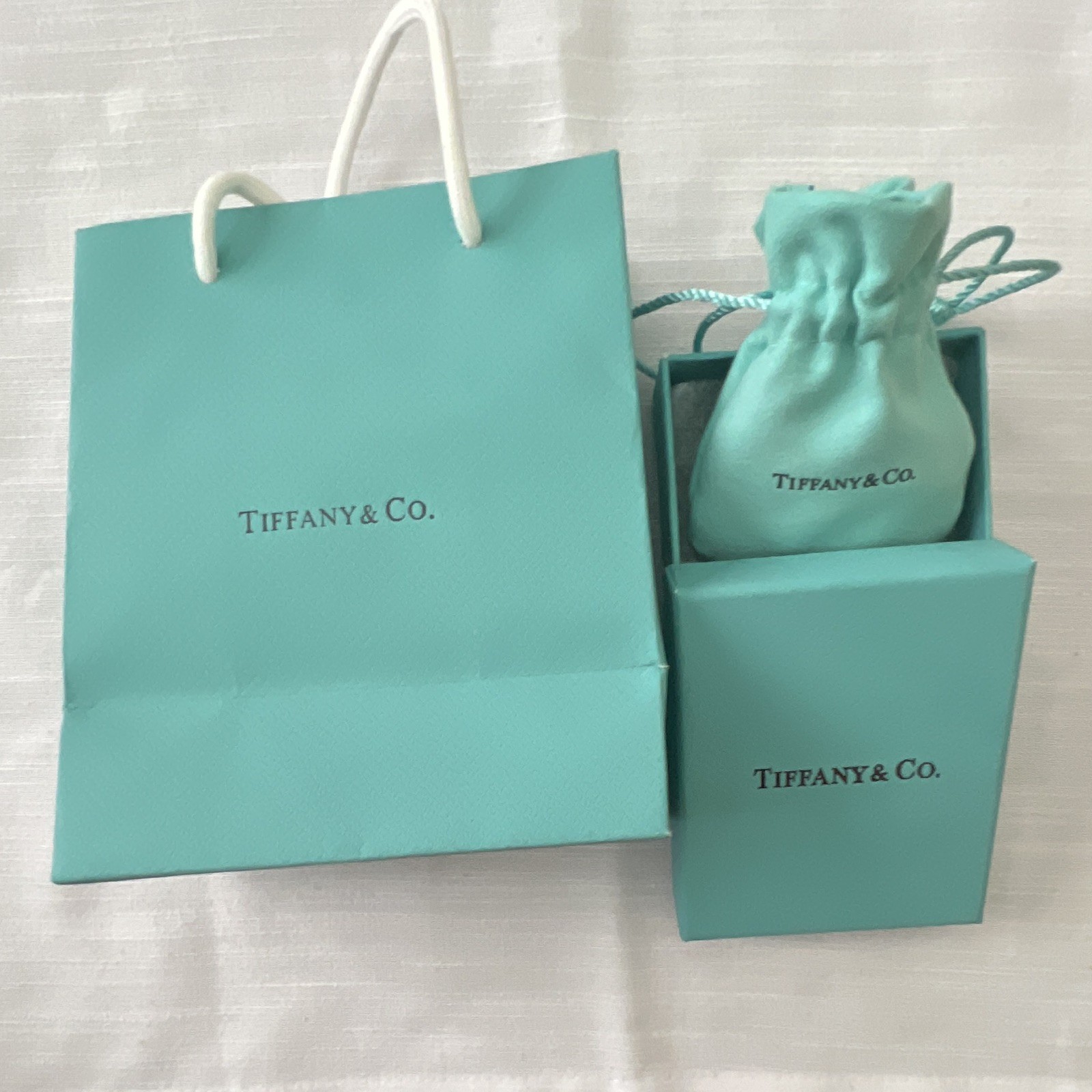 Tiffany & Co. Blue Lined Jewelry Gift Box Set w/ Pouch & Shopping Bag