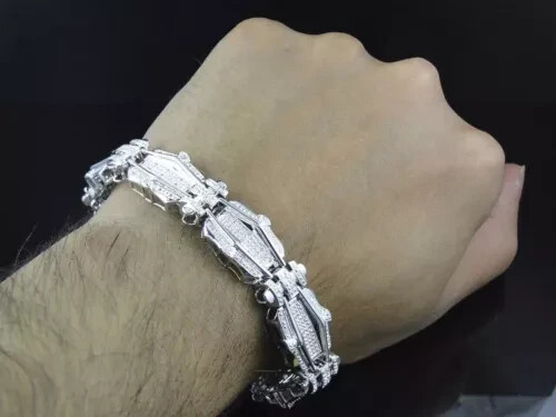 8.5″ Statement Link Men’s Bracelet 1.35 Ctw Real Moissanite 14K White Gold Over