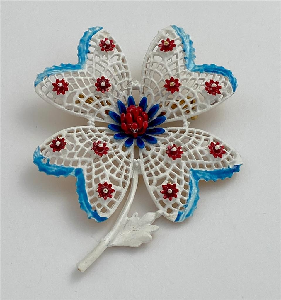 Vintage ART Arthur Pepper Red White & Blue Enamel Flower Brooch Pin