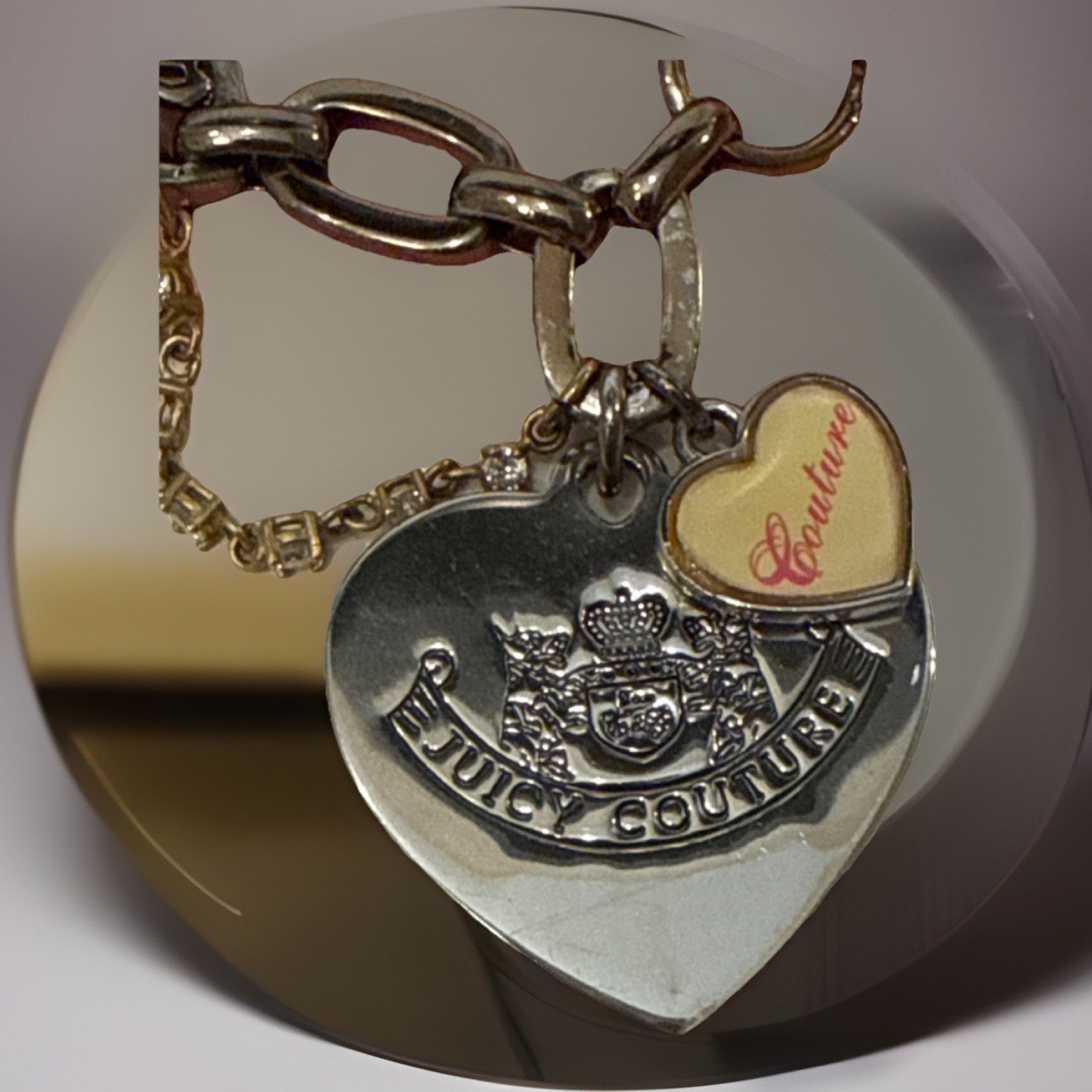 Y2K Juicy Couture LET THEM EAT COUTURE Pearl Heart Charm Bracelet Silver Tone
