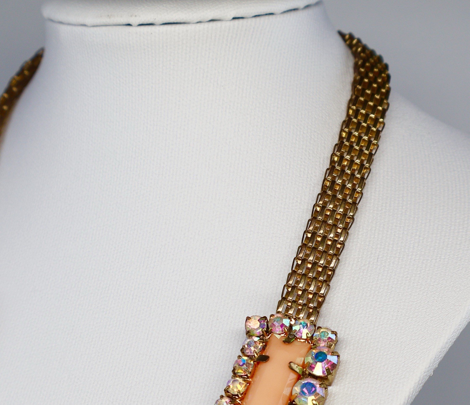 Vintage Statement Necklace AB Rhinestones Orange Peach Acrylic Baguette 18″