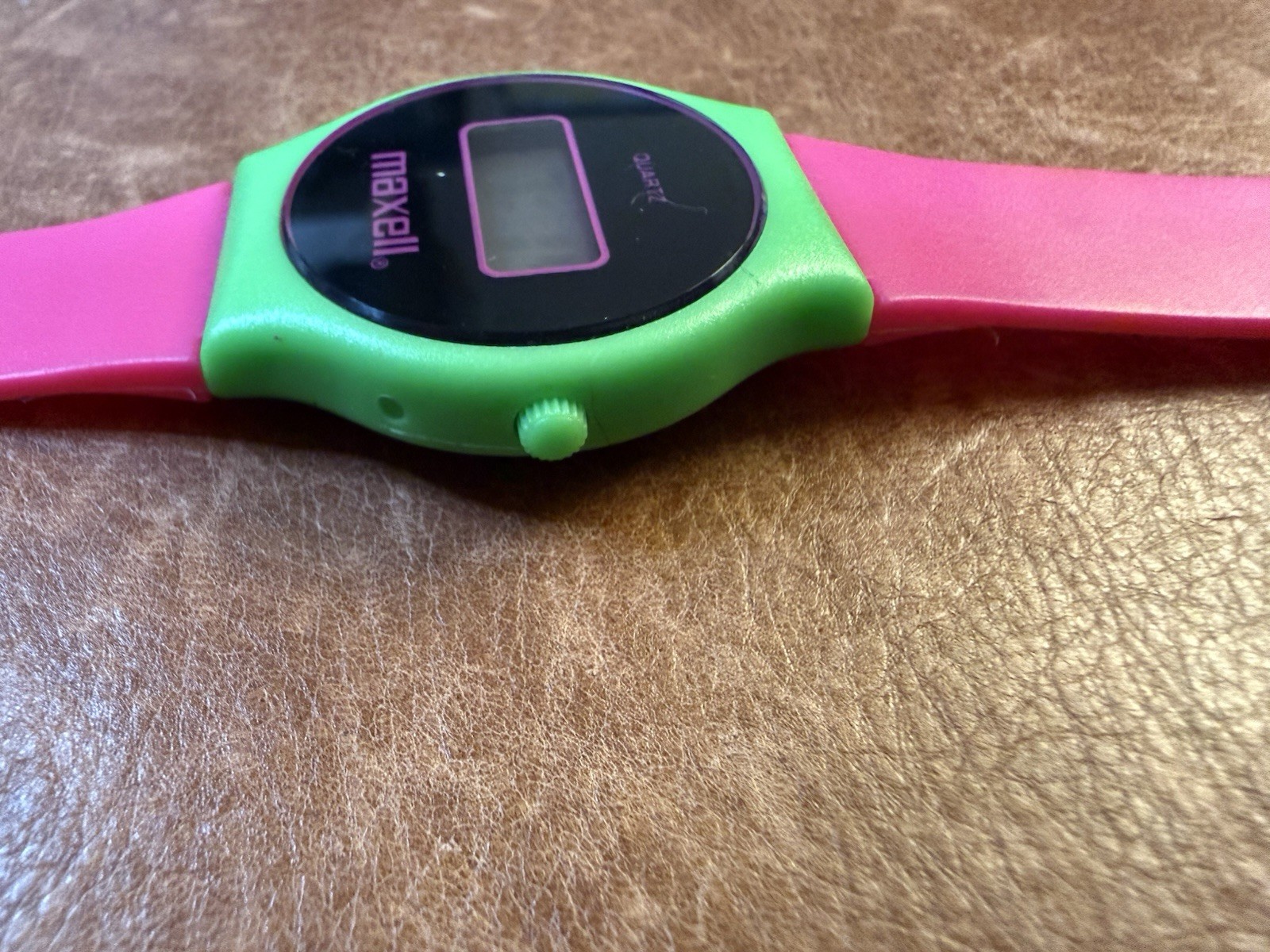 Vintage Quartz Promotional Maxell Digital Watch In Neon Green And Pink.
