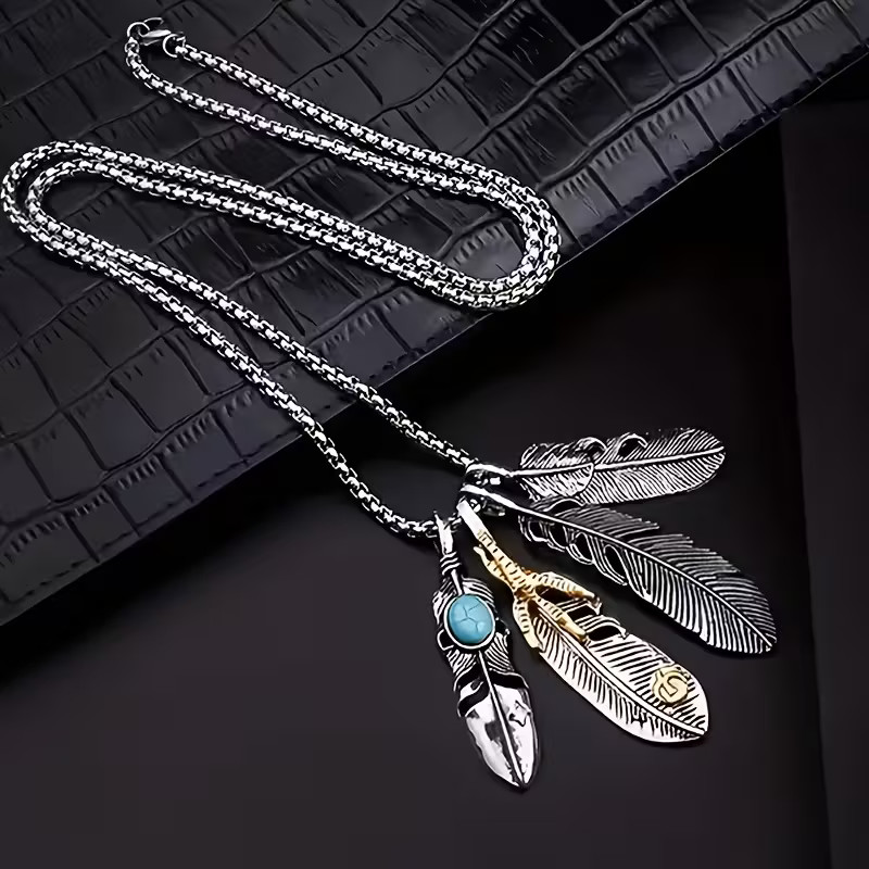 Feathers Necklace Jewelry Native American Nature Silvery Turquoise Pendant