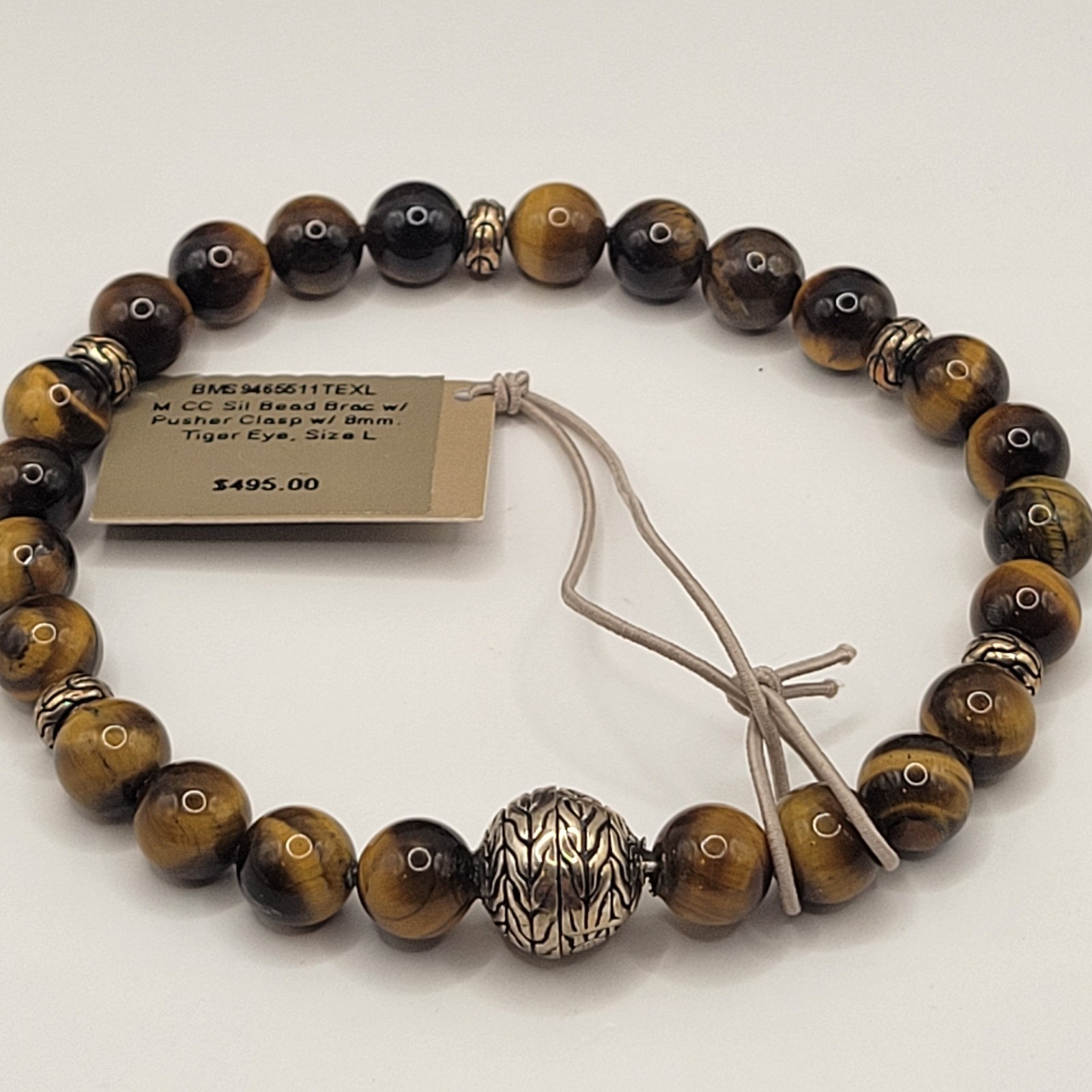 JOHN HARDY Men’s Sterling Silver Bead BRACELET w/8mm Tiger Eye Pusher Clasp SZ L