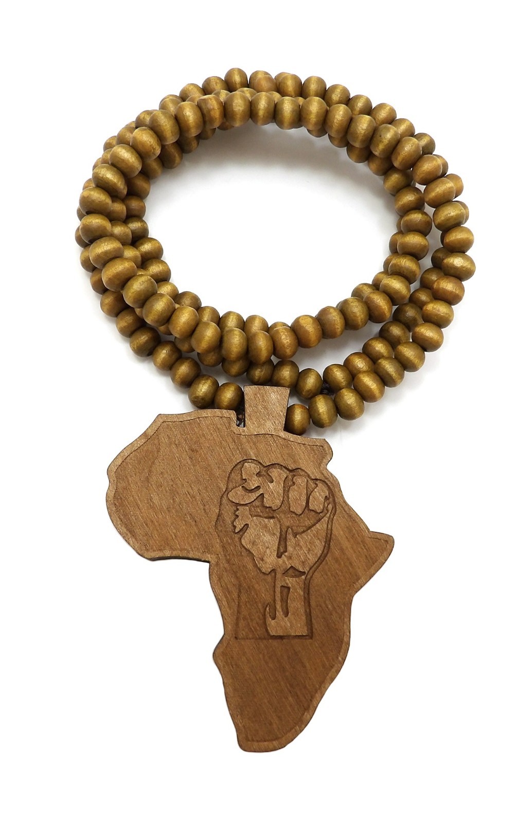 AFRICA MAP FIST POWER PENDANT & 6mm 30″ WOODEN BEAD CHAIN HIP HOP NECKLACE