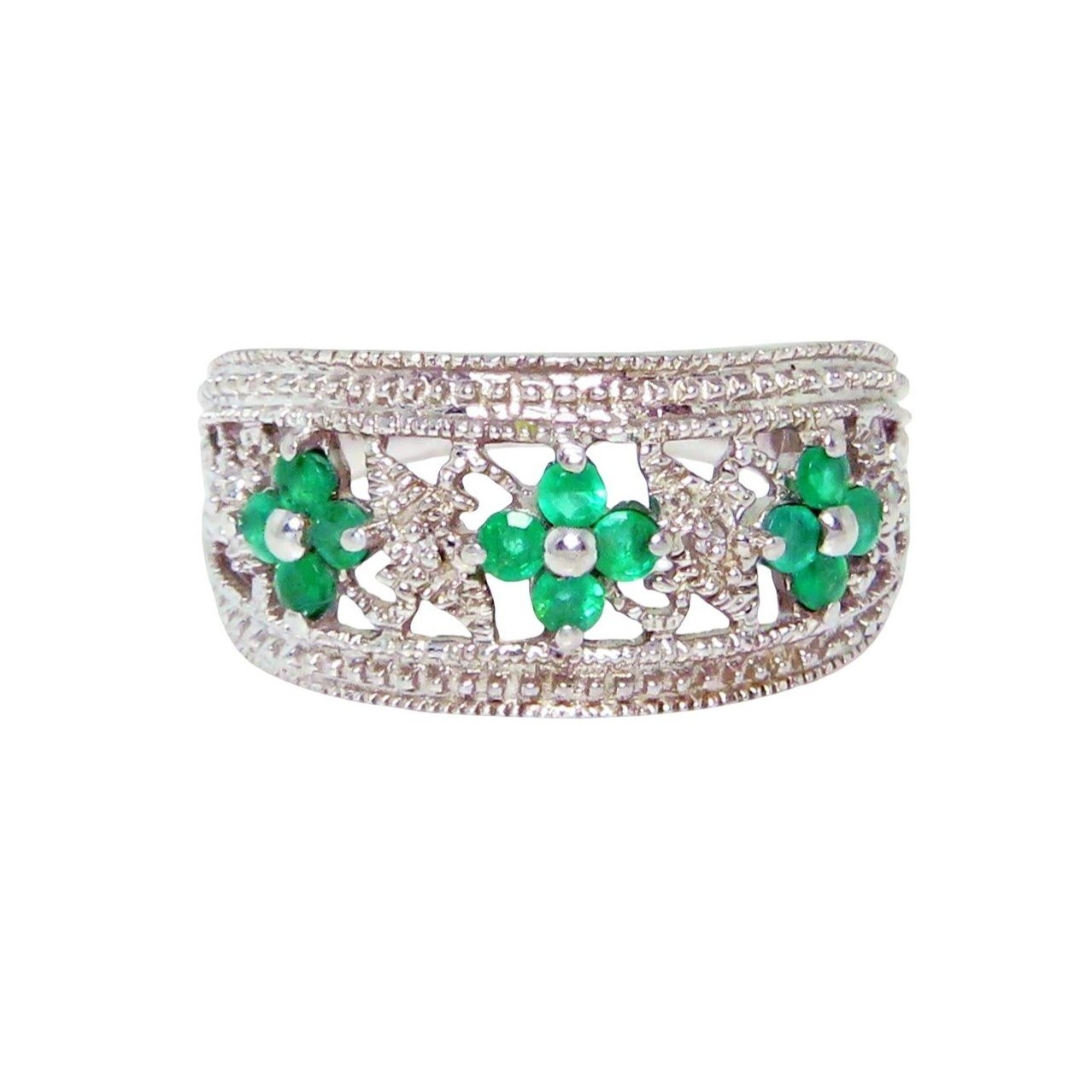 Vintage Sterling Silver Colombian Emerald & Diamond Filigree Ring w/Flowers