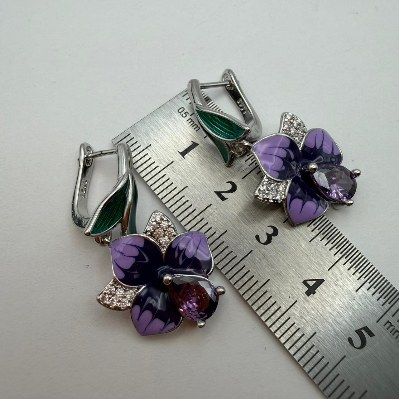 925 Sterling Silver Purple Flower Crystal Dangle Drop Earrings Women Jewelry