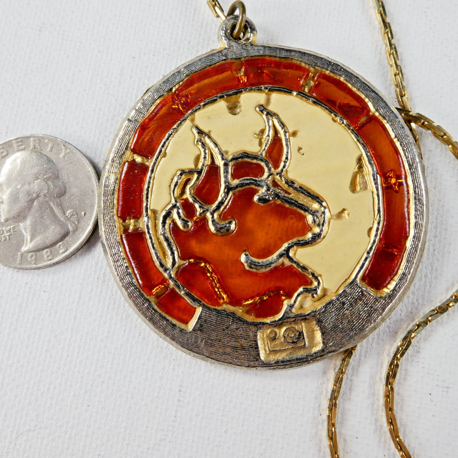 Vintage Zodiac Pendant TAURUS The Bull Stained Glass Look Astrology Necklace 18″