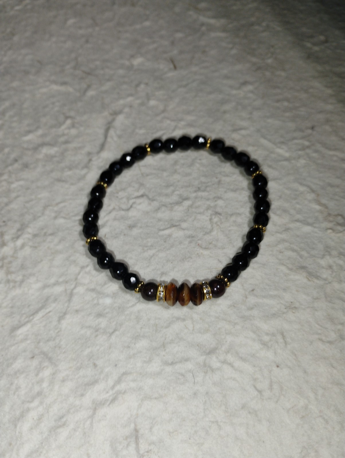 Tiger Eye And Black Obsidian Handmade Beaded Stretch Bracelet With Gold-Tone…
