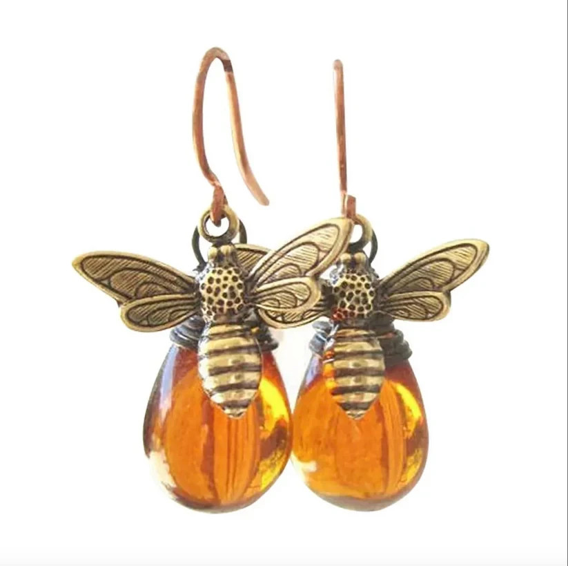 Vintage Bee Earrings Women Gold Amber Drop Dangle Boho Antique Style Gift