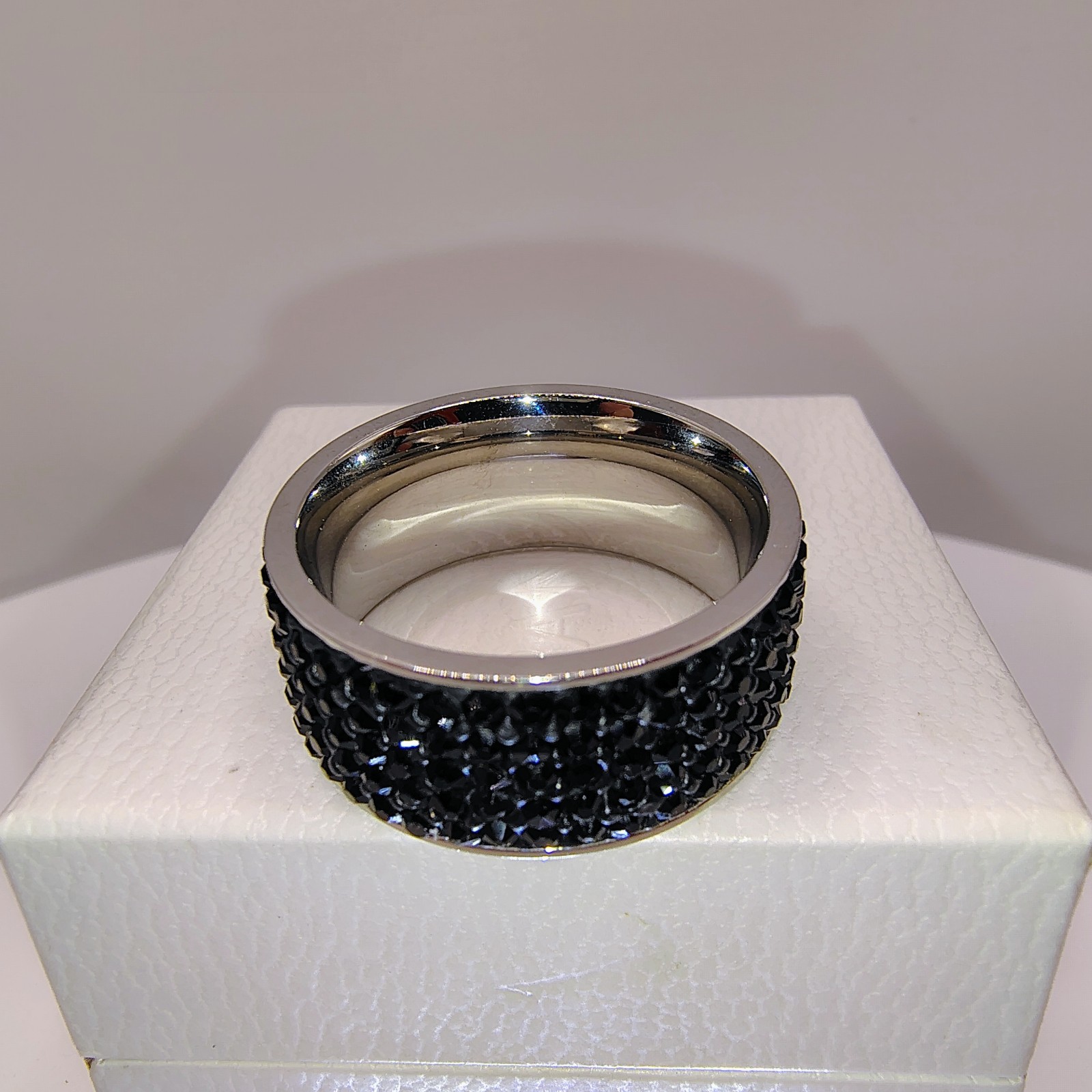 Black Crystal Pave Stainless Steel Band Ring Wide Sparkle Fashion Size 10.5