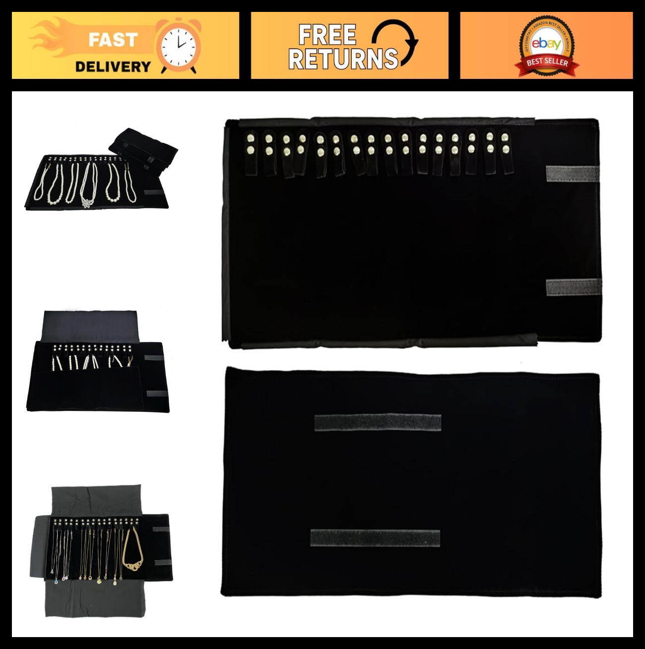 Travel Jewelry Organizer Case Roll Bag for Necklaces & Bracelets – Black Velvet