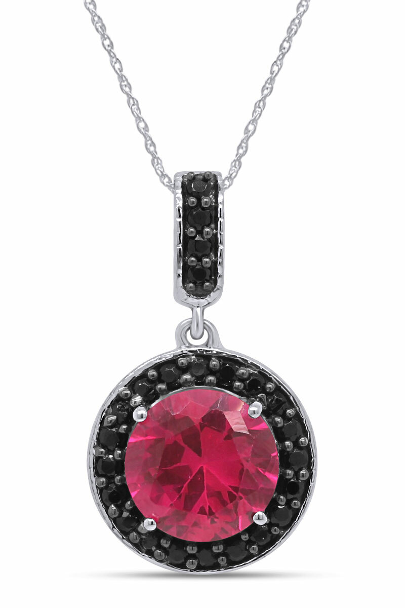 Simulated Ruby & Black Spinel Halo Pendant Necklace 14k White Gold Plated Silver
