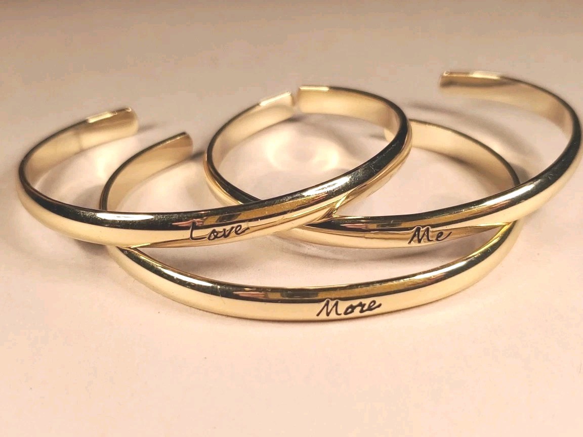 Cuff Bangle Bracelet Gold Tone Love Me More Set Engraved Stackable Minimalist.
