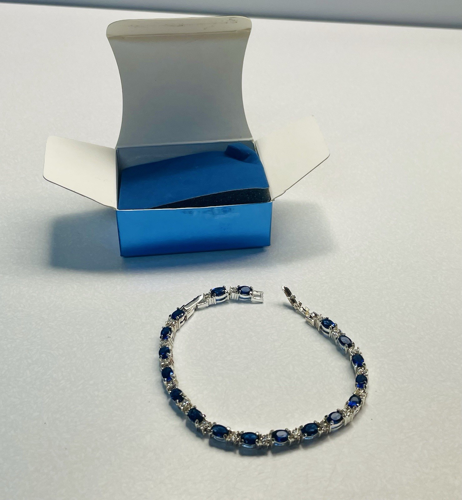 Avon September Birthstone Color Tennis Bracelet Silver Tone Blue Sapphire