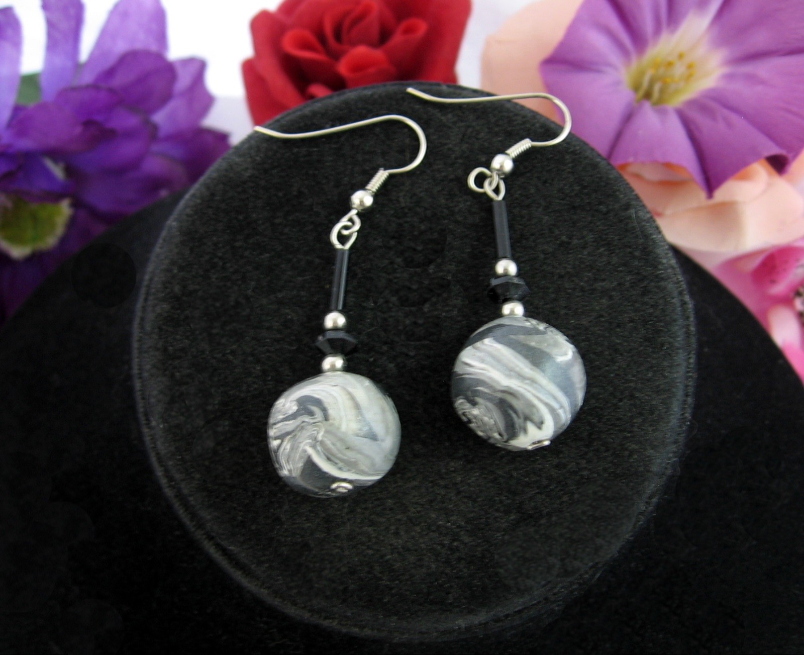 EARRINGS Vintage Pierced GRAY White BLACK MARBLED Beads Handmade Dangle Wires