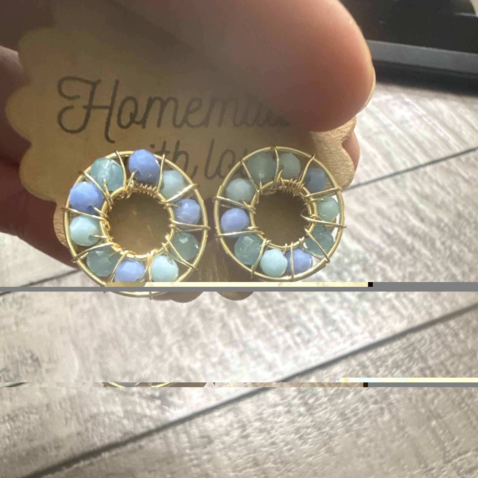 Handmade Gold Tone Blue Round Beaded Stud Earrings, Butterfly Back