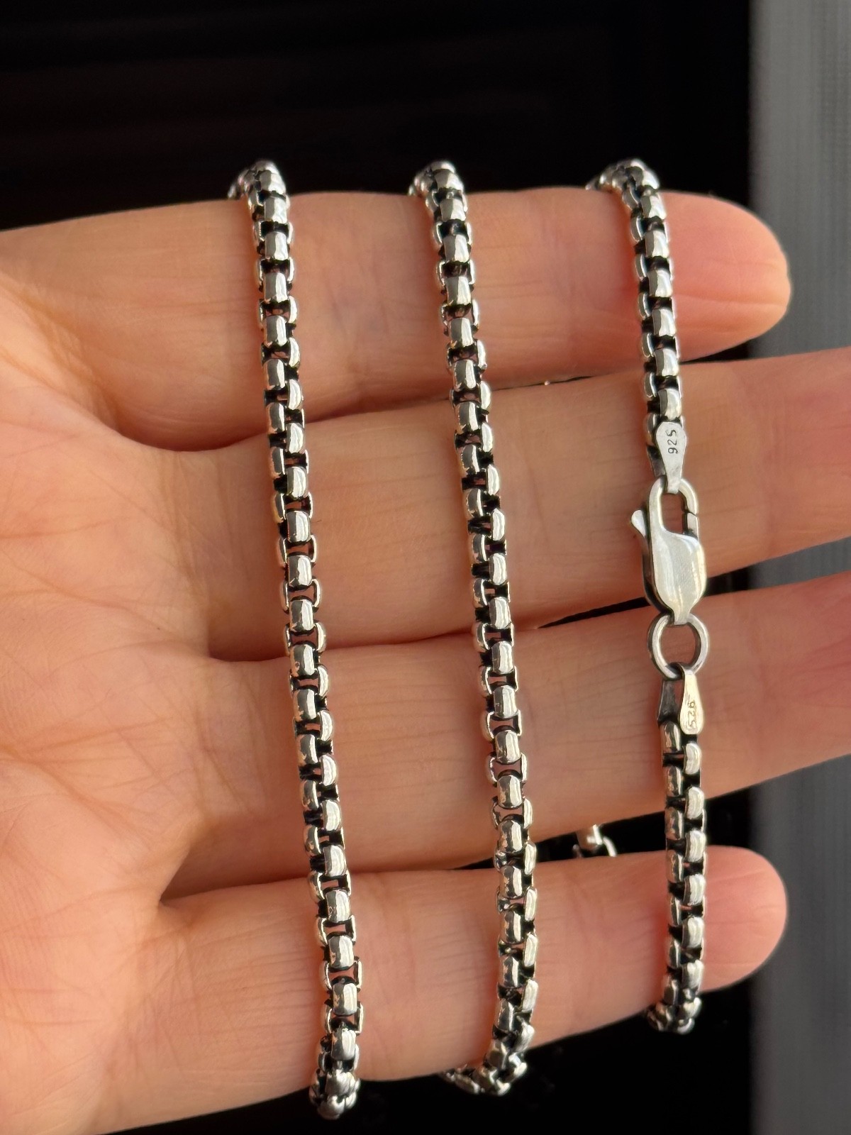 925 Sterling Silver Oxidized Round Box Chain (3.7mm Heavy )