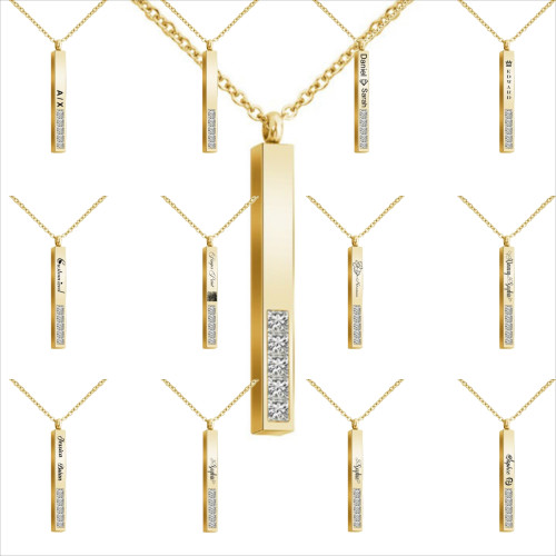 Personalized Vertical Crystal Bar Necklace, Custom Engraved 3D Name Necklace