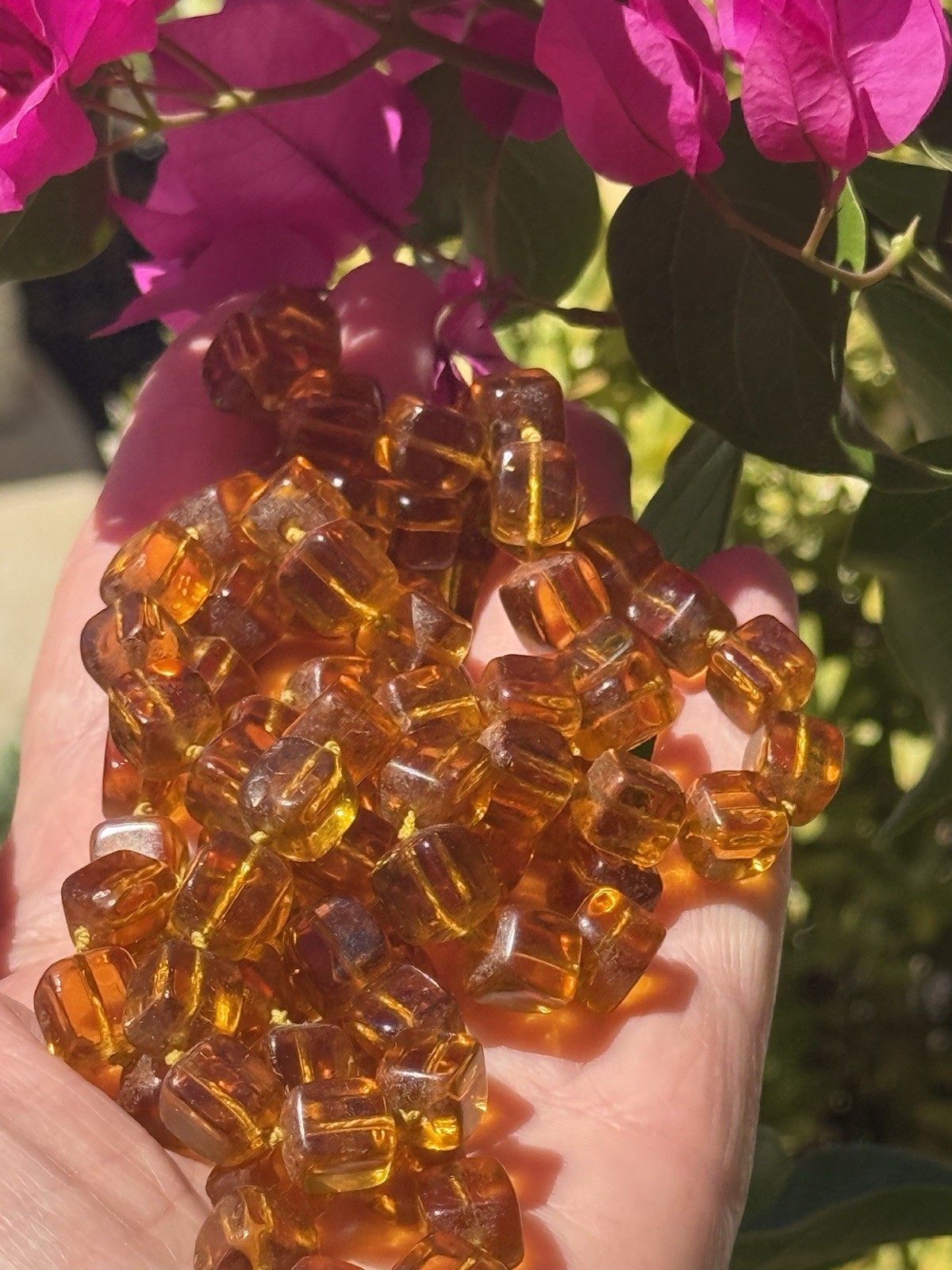 Vintage Golden Honey Cubed Glass Beads All Knotted Necklace 44″ L