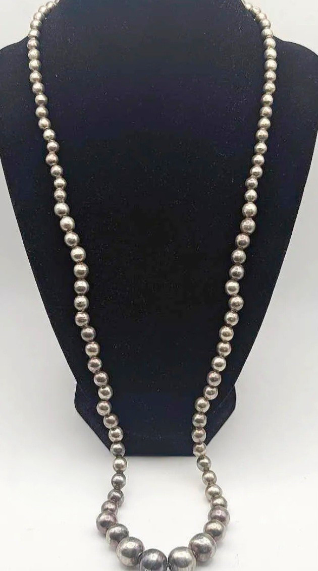 28″ Silver Graduated Beaded Ball Chain Necklace Strand, Sterling Slide Clasp