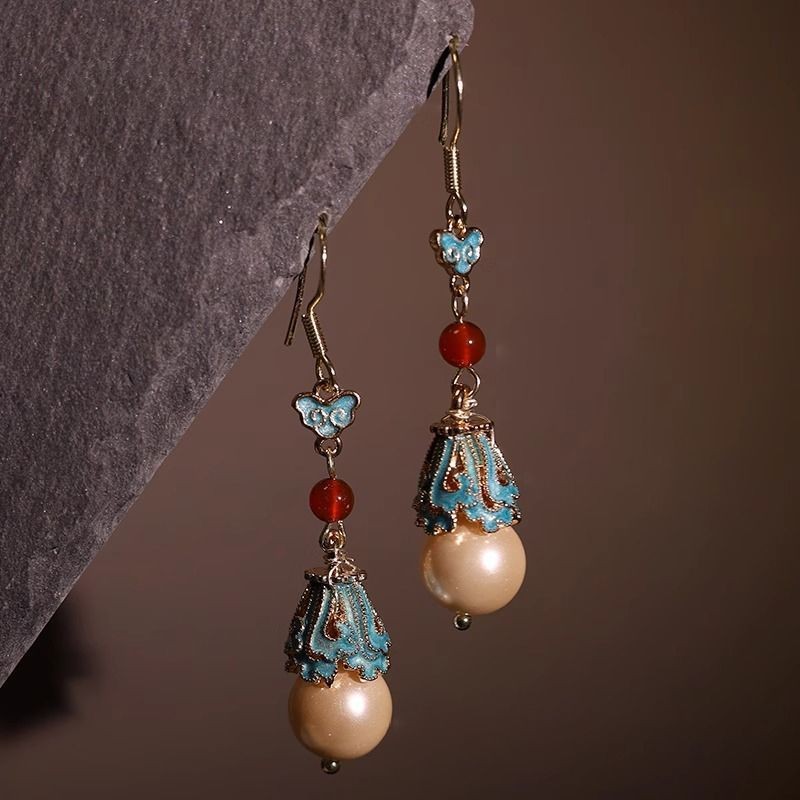 Chinese Style Enamel Red Pearl Dangle Earrings New Chinese Hanfu