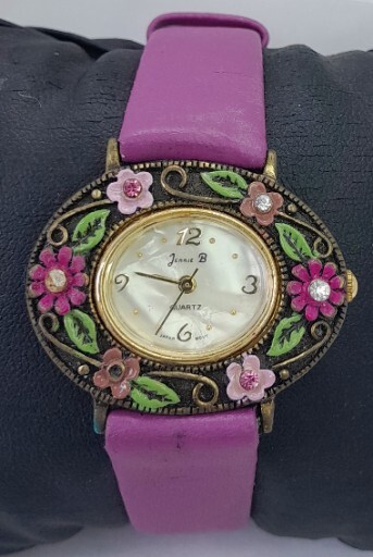 Women Jennie B Watch Gold Oval Case Purple Faux Leather Band Flowers In Bezel
