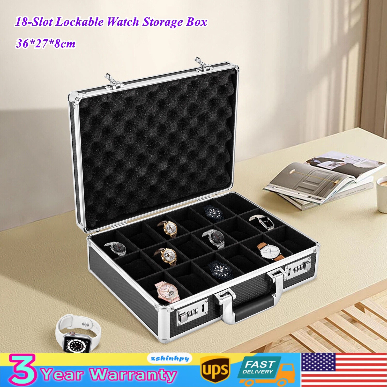 18 Slots Locking Display Briefcase Watches Collectors Display Storage Watch Box