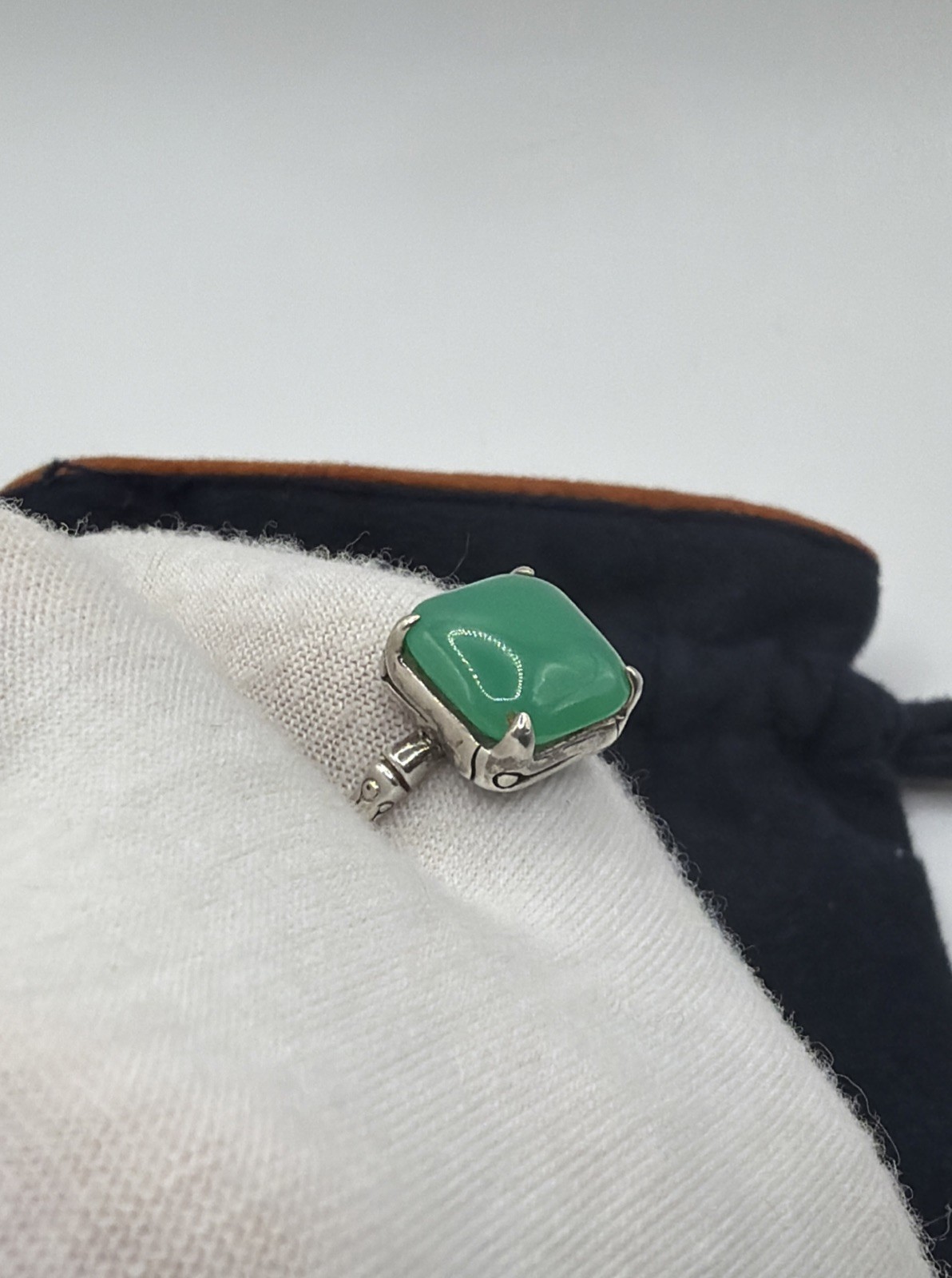 John Hardy Sterling Silver Green Chrysoprase Bamboo Collection Ring Size 8.25