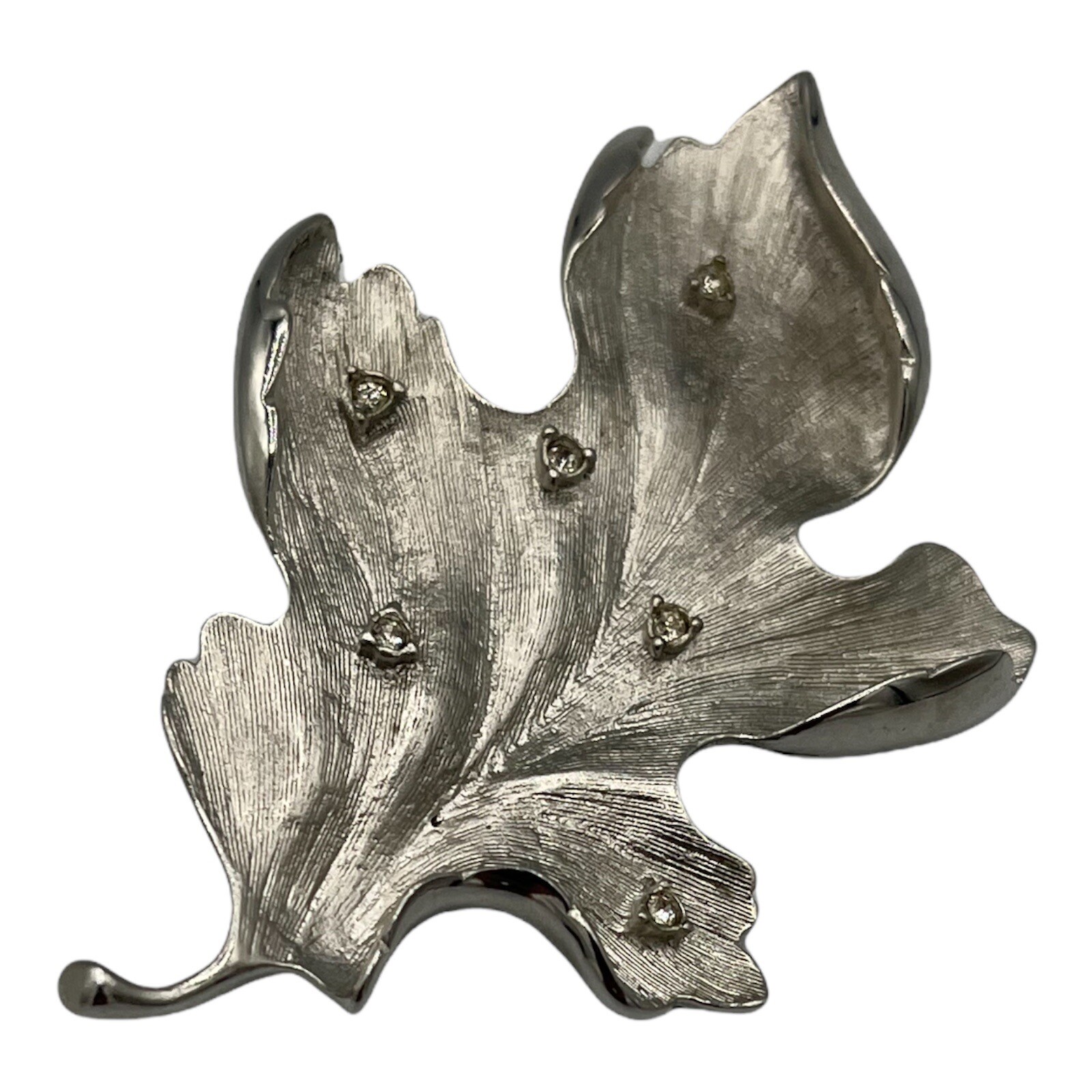 Vintage Silver Tone Tana Oak Sycamore Leaf Brooch Pin with Clear Rhinestones