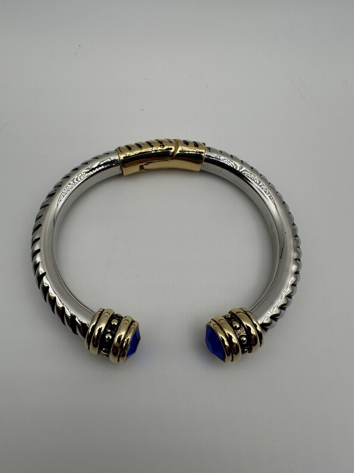 Two Tone Twisted Cable Cuff Bracelet Blue Round Bezel