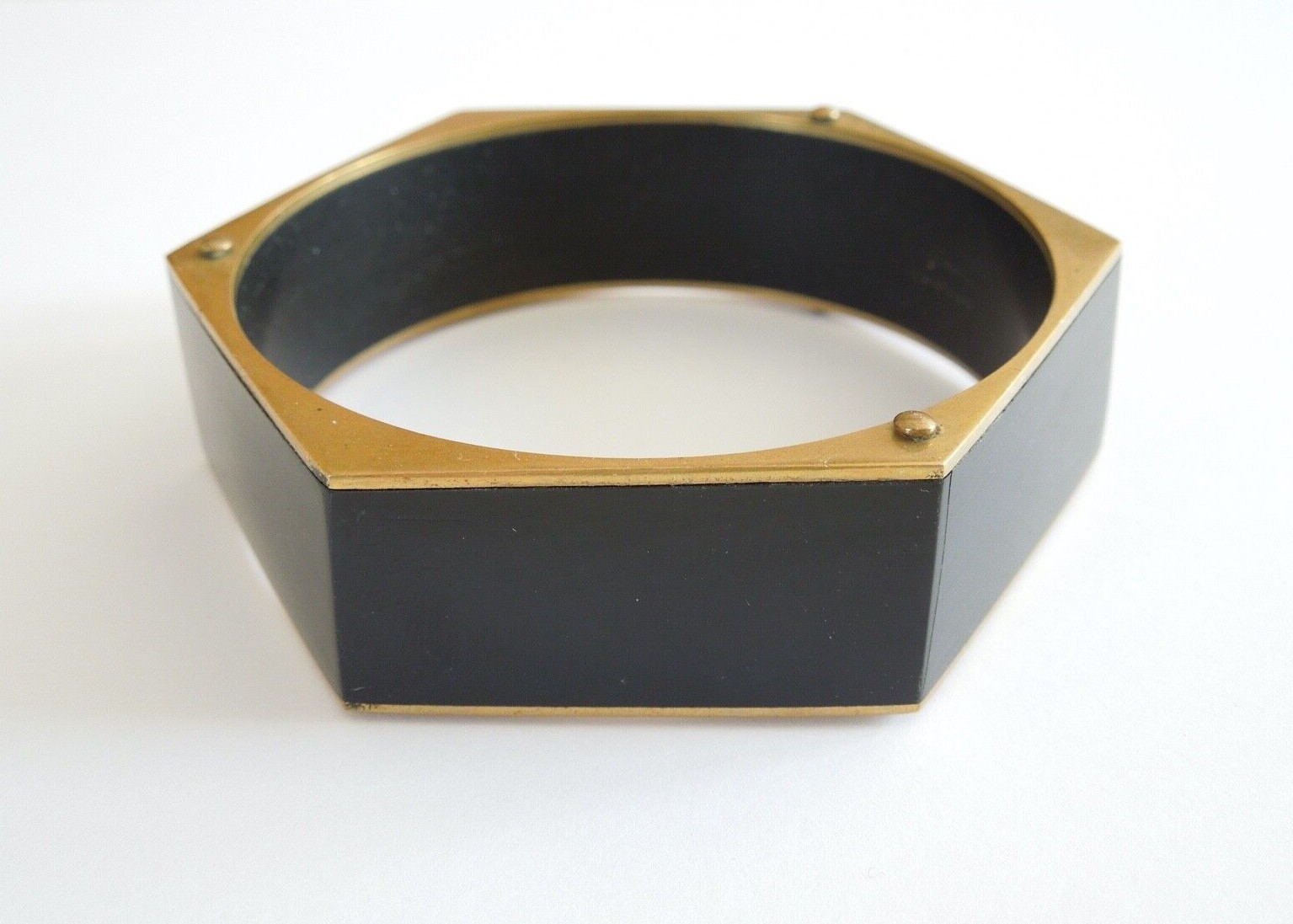 Vintage Bangle Brass & Wood? Hexagonal 31.8 G/Ø 6.6 Cm/B:2.0 Cm