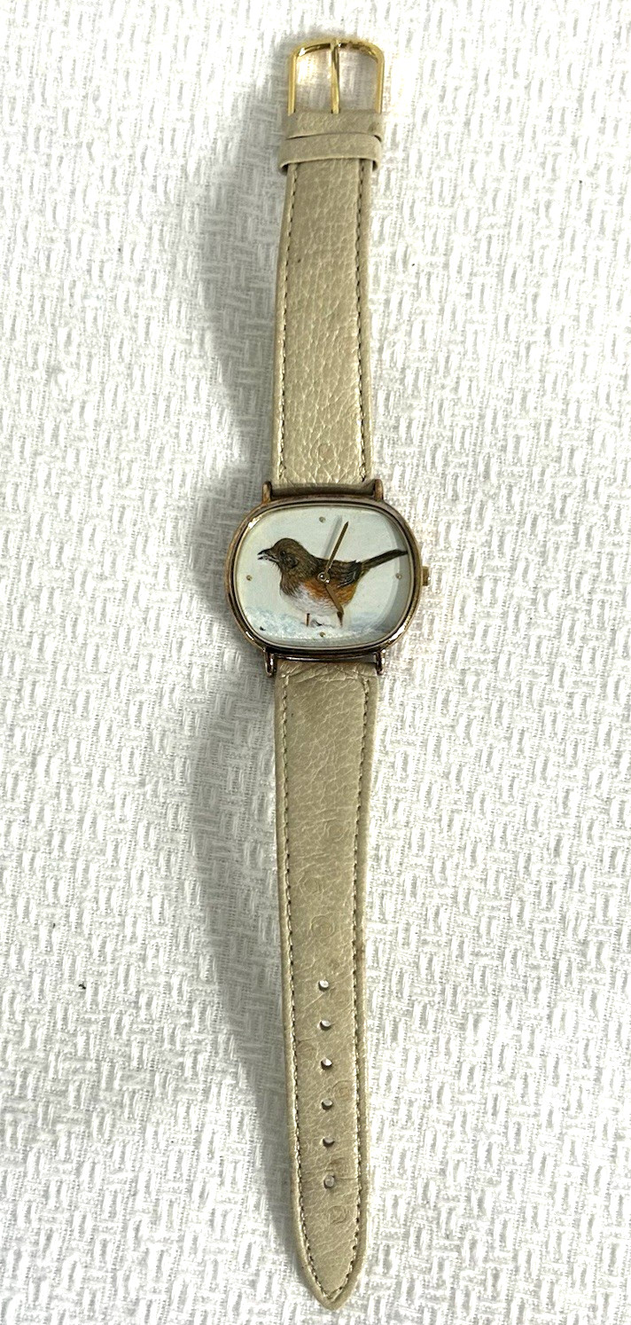 VTG Watch Hand Painted Robin Bird in Snow Artwork Dial Beige Leather New Battery