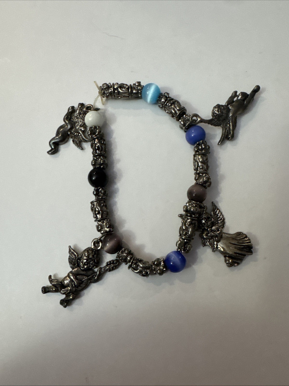 Four Charm Angels Bracelet Multi-colored Beads Silver-tone Metal Stretch To Fit