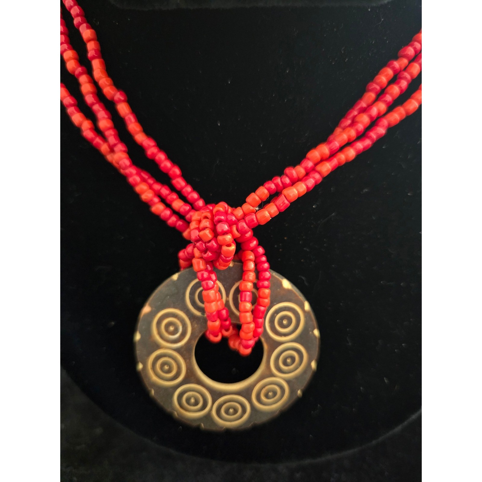 Triple Strand Red Coral Seed Bead Necklace Etched Circle Horn Pendant Boho Beach