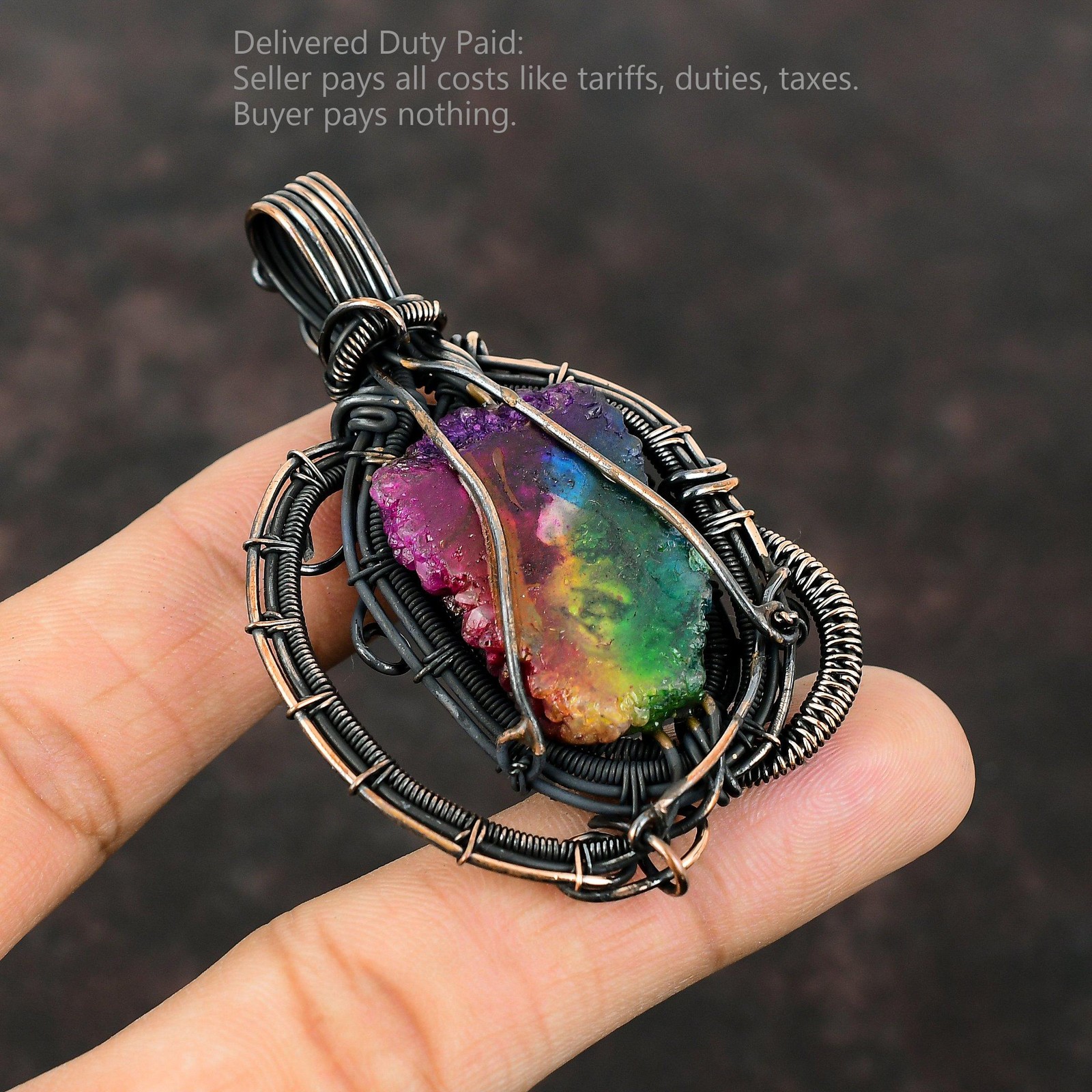 Rainbow Solar Quartz Druzy Gemstone Copper Wire Wrapped Artisan Pendant Jewelry