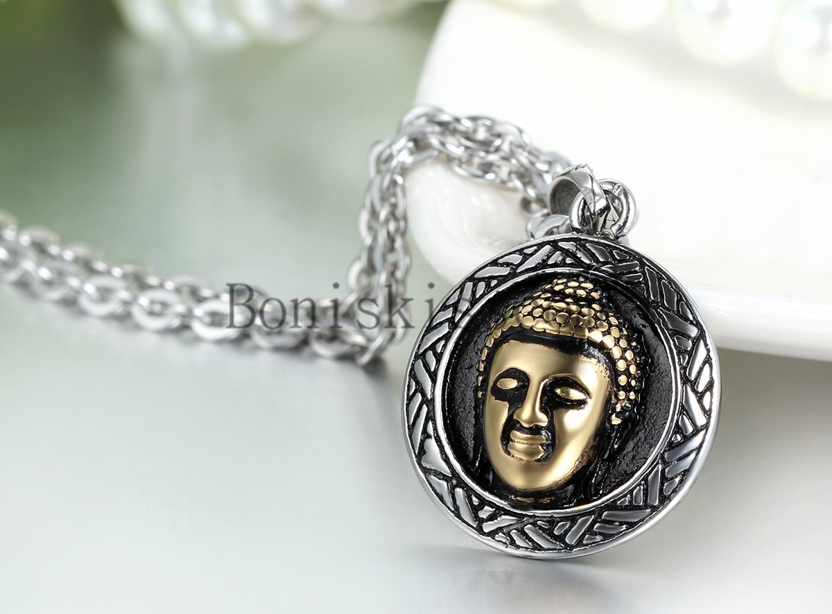 Stainless Steel Retro Silver Bronze Bodhi Buddha Lucky Round Pendant Necklace
