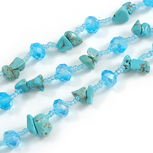 Statement Long Multistrand Light Blue Glass Beads and Turquoise Nuggets