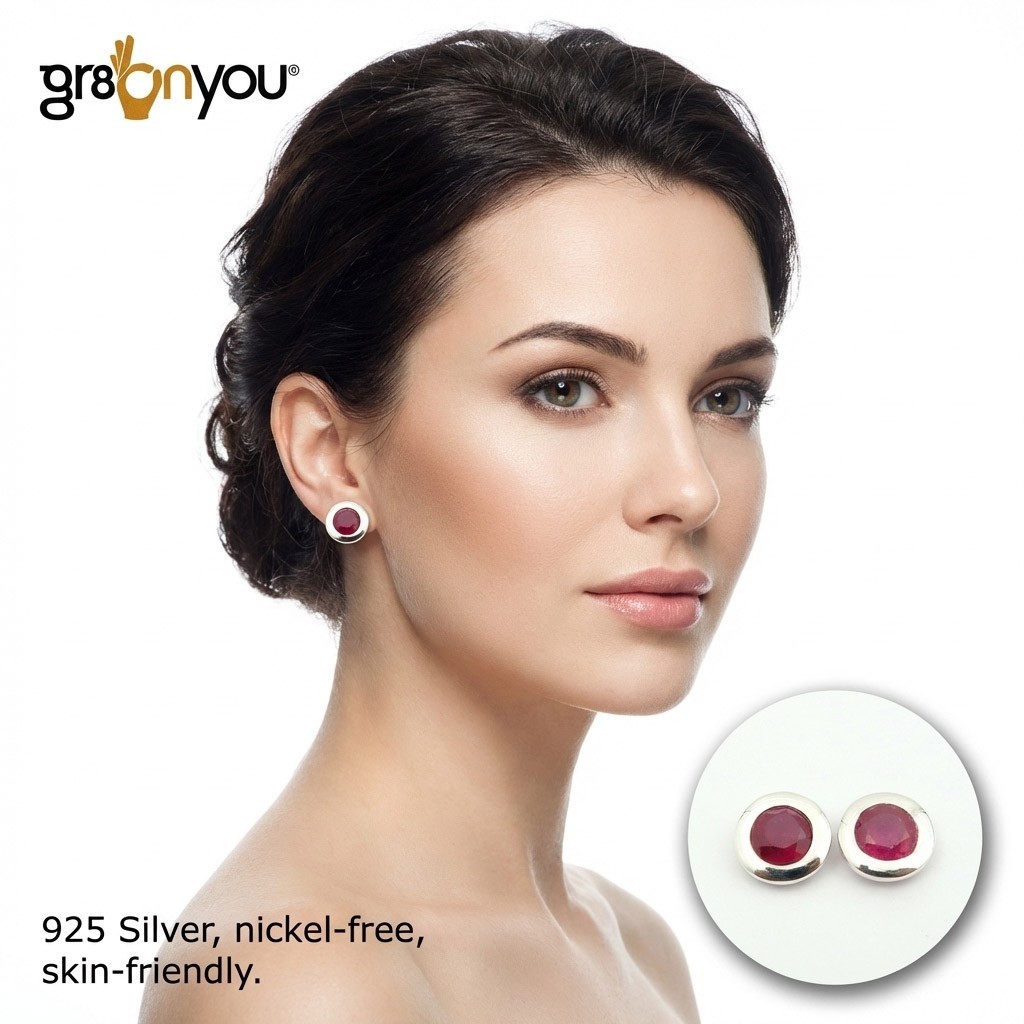 gr8onyou Ruby Stud Earrings Sterling Silver | With Detailed Product Pendants