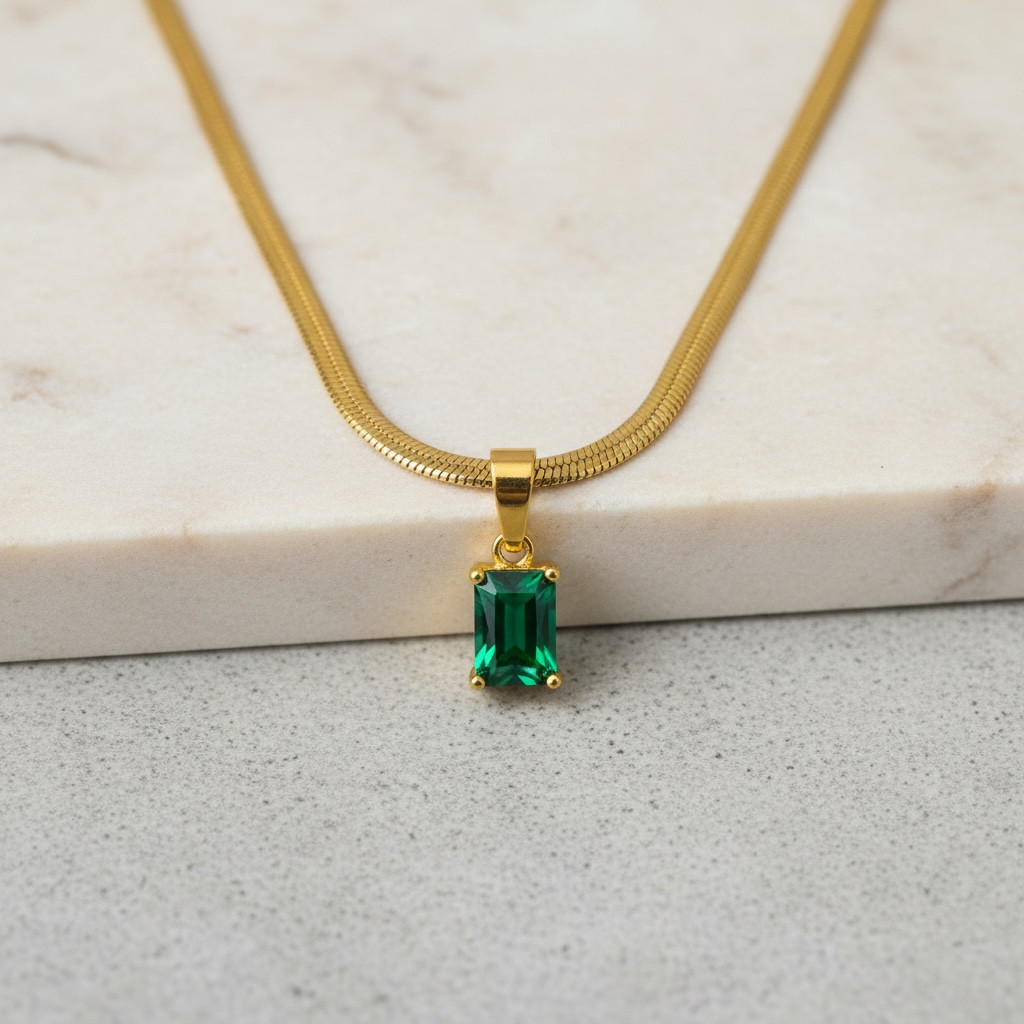 Diamond CZ Snake Chain – Emerald Cut Necklace | Dainty Herringbone | 18k Gold